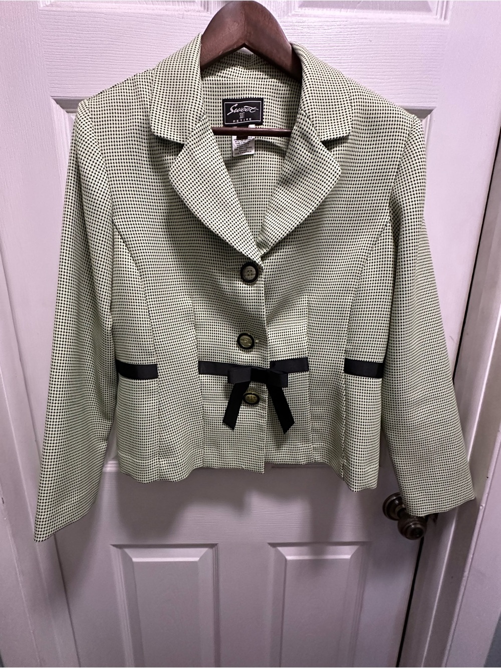 Sweet Suit Light Green Blazer with Black Trim and Bow Accent. Vintage Vibes